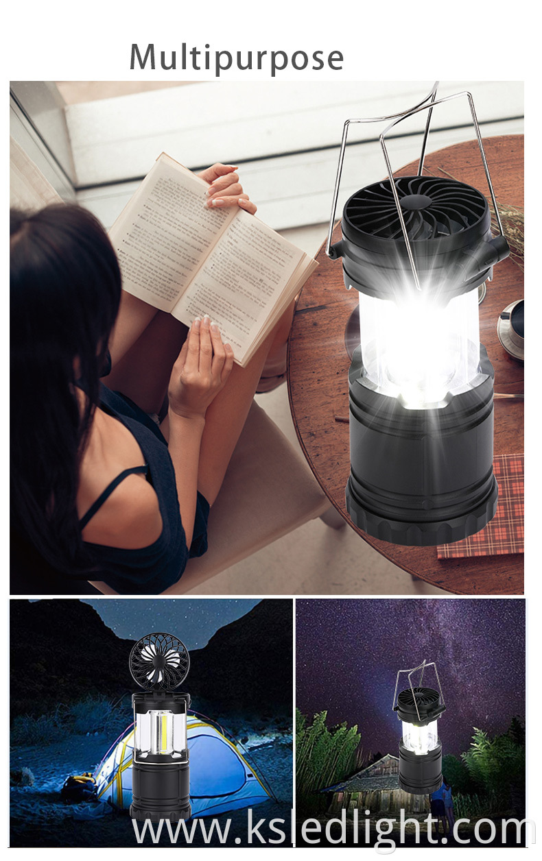 LED Multi Function 2 in 1 Collapsible Rechargeable Camping Light for Emergency Camping Tent Fan Lantern With Hanging Hook